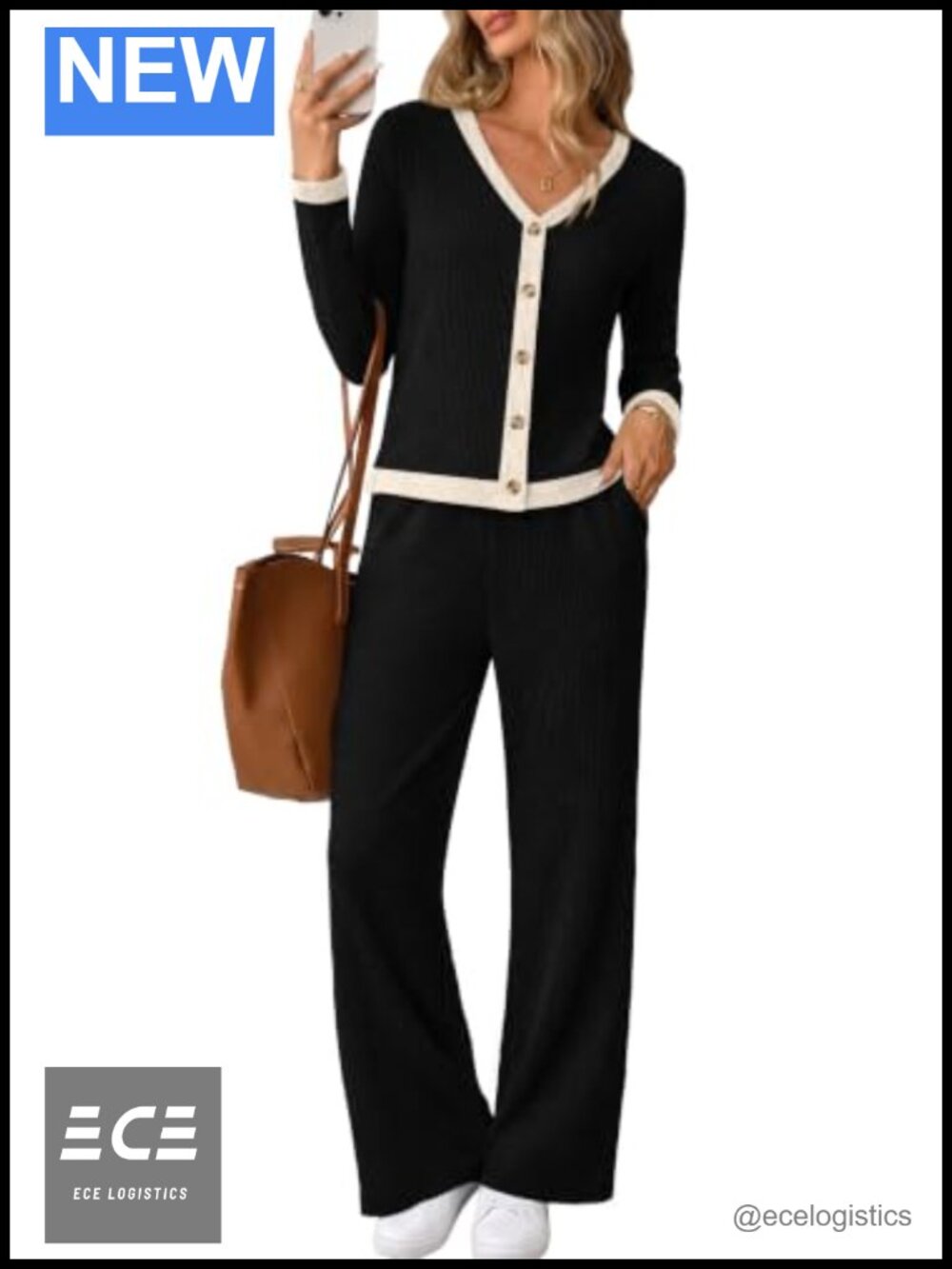 Womens 2 Piece Ribbed Knit Loungewear Set Button Cardigan Flare Pants Casual